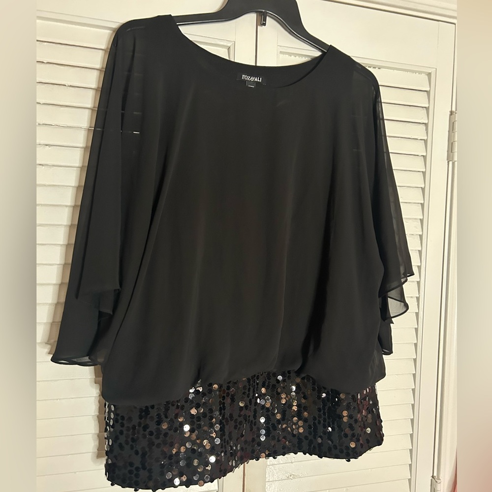 Black Sheer and Sequin Bat Wing Blouse